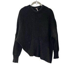 Free People Sweater Women’s XS Solid Black Ribbed Asymmetrical Chunky Knit FLAW